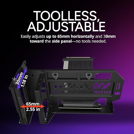 طقم حامل بطاقة الرسوميات (GPU) بوضعية عمودية Cooler Master V3 (لون أسود)، مع كابل تمديد (Riser Cable) عالي الجودة PCI-E 4.0 x16 بطول 165 مم، متوافق مع PCIe 3.0، وقابل لتعديل الطول ليتناسب مع صناديق الحاسوب بمقاسات E-ATX وATX وMicro ATX