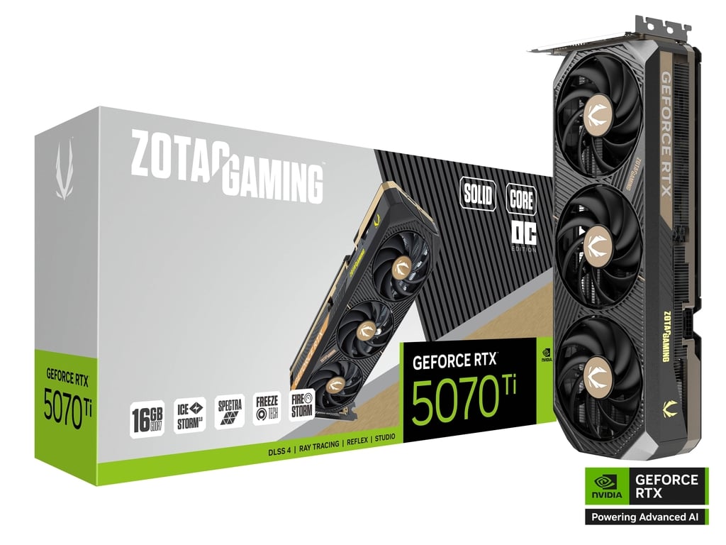 كرت الشاشة زوتاك جيمنج جيفورس RTX 5070 Ti سوليد كور OC بسعة 16 جيجابايت من نوع GDDR7 - أسود