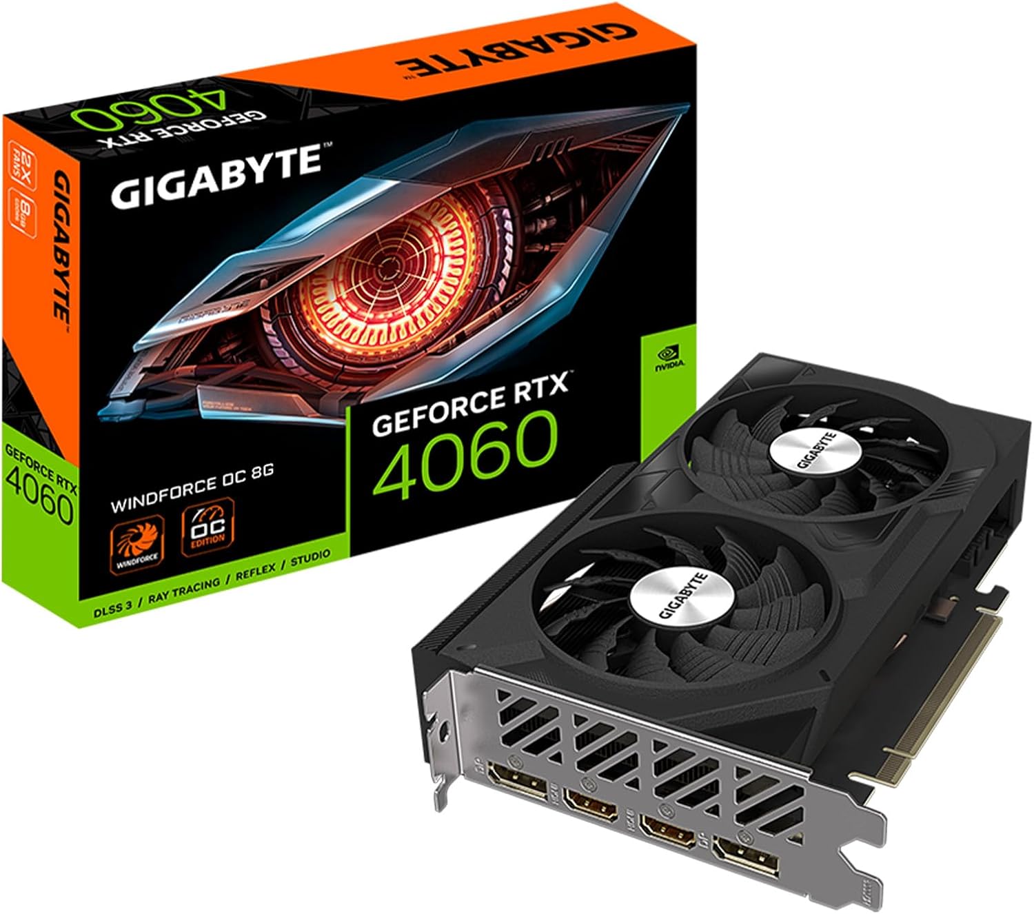 كرت الشاشة جيجابايت جيفورس RTX 4060 WINDFORCE OC بسعة 8 جيجابايت مع 2 مراوح WINDFORCE