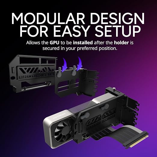 طقم حامل بطاقة الرسوميات (GPU) بوضعية عمودية Cooler Master V3 (لون أسود)، مع كابل تمديد (Riser Cable) عالي الجودة PCI-E 4.0 x16 بطول 165 مم، متوافق مع PCIe 3.0، وقابل لتعديل الطول ليتناسب مع صناديق الحاسوب بمقاسات E-ATX وATX وMicro ATX